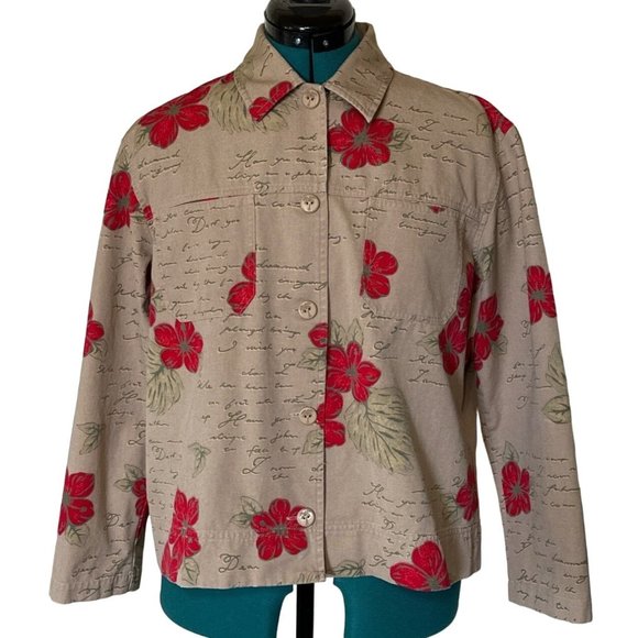 Hearts of Palm Collared Jacket Beige Red Floral Print 100% Cotton Women's Size 8 - Picture 3 of 16